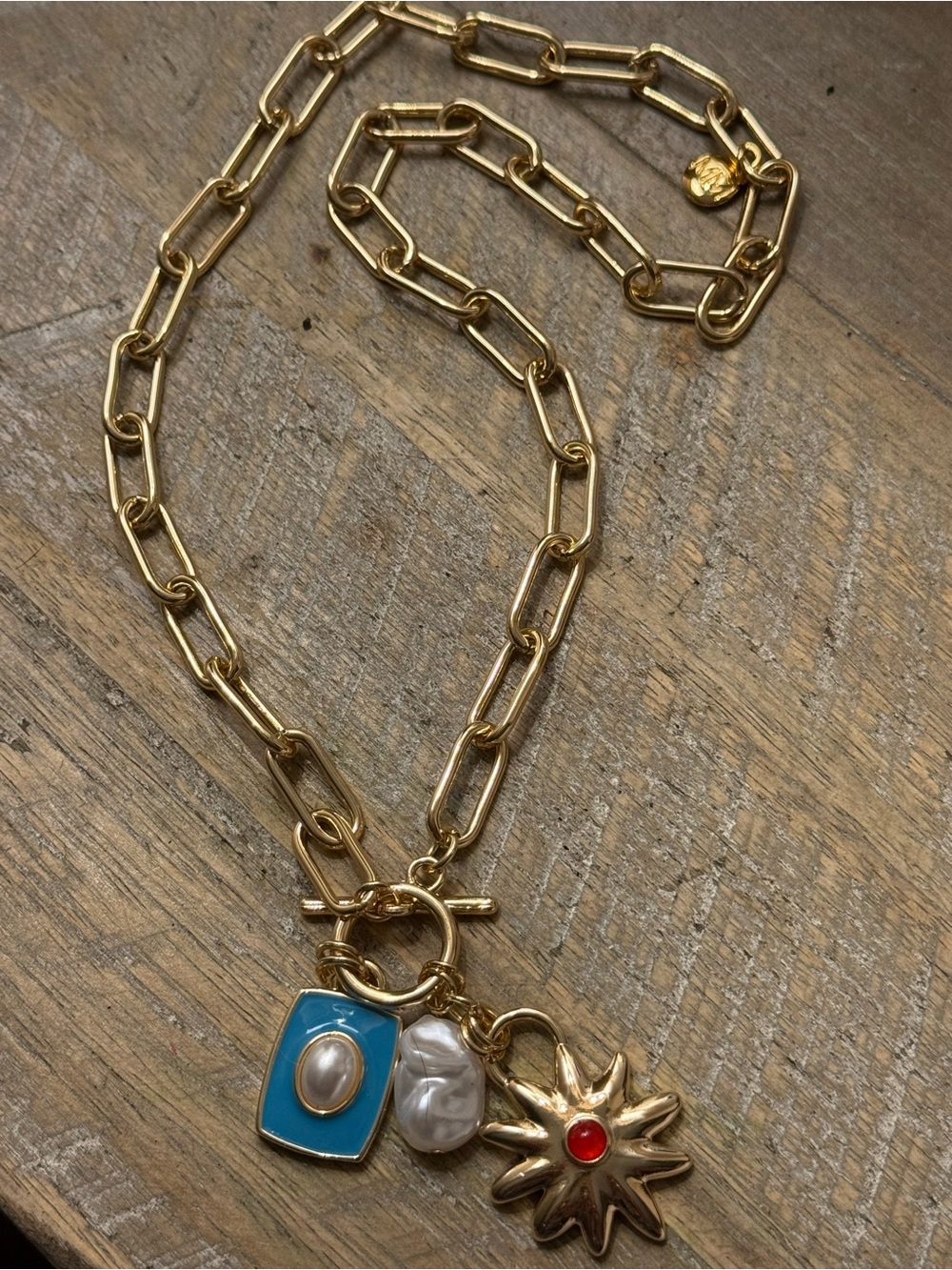 New mayamar Gold Chain Charm Necklace with Turquoise, Pearl & Sun Charm - Picture 5 of 5